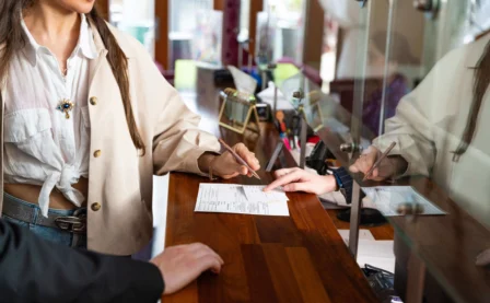 A couple checking into a hotel at the reception desk.