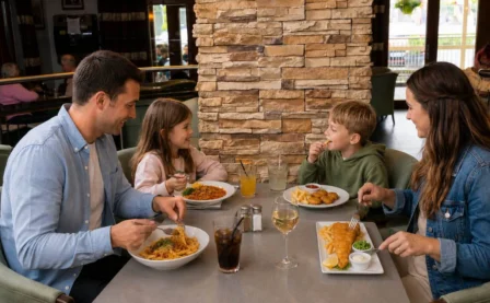 A family enjoys a meal together in a cosy restaurant setting.