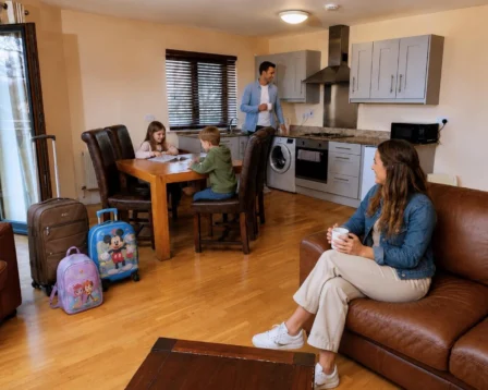 Family relaxing in cosy hotel suite with kitchen and seating area.
