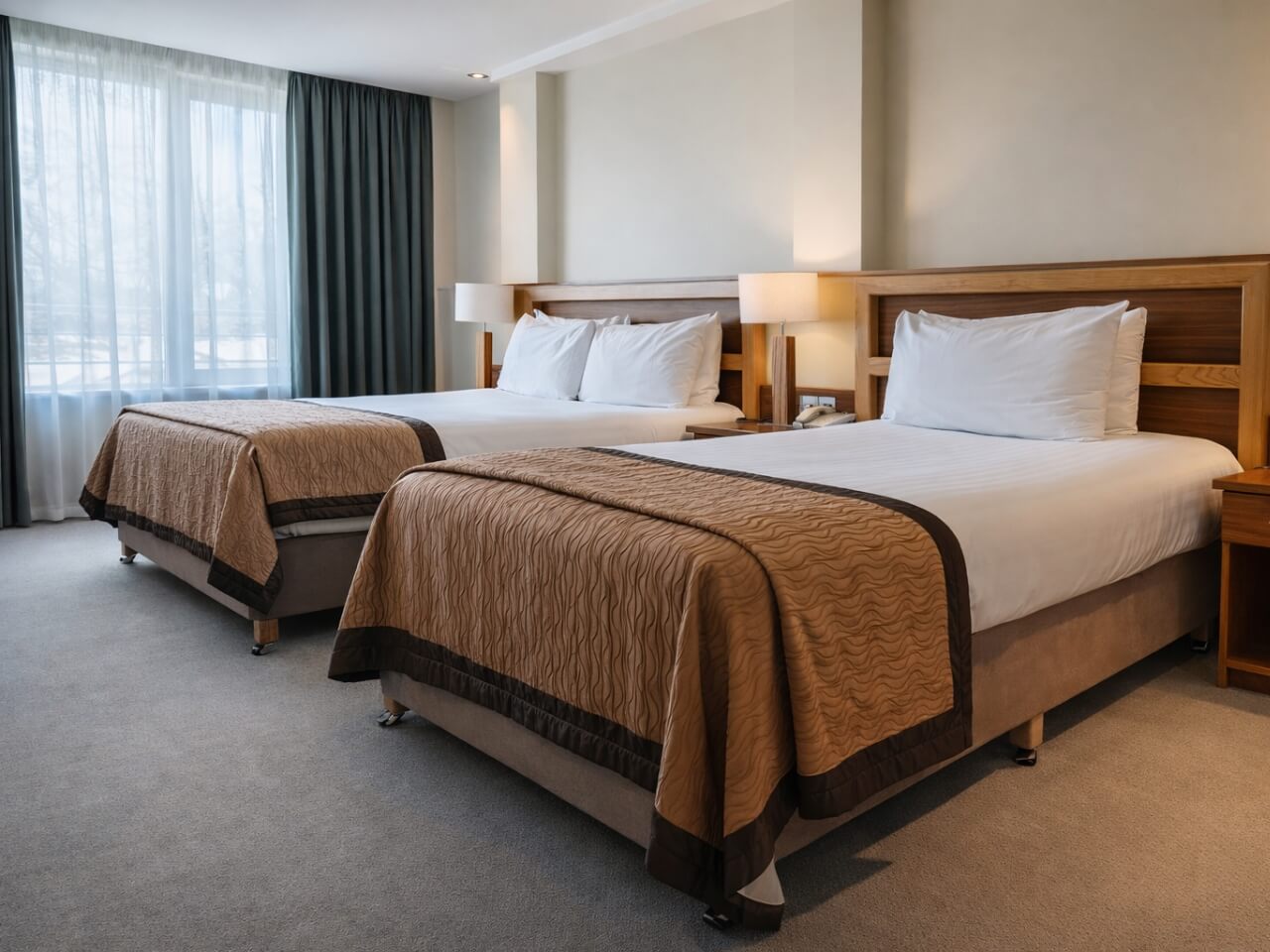 Spacious hotel room with two comfortable beds and elegant decor.