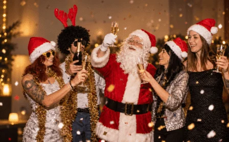 Festive group celebrating with Santa, wearing holiday hats, toasting champagne in a cosy setting.