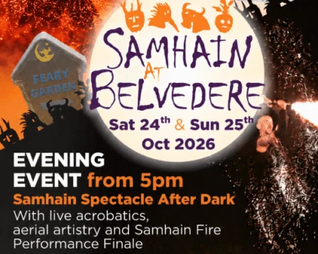Family enjoying Samhain fire spectacle with acrobats and fireworks at Belvedere, October event