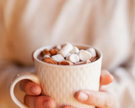 Cosy hands holding a mug of hot chocolate with marshmallows.
